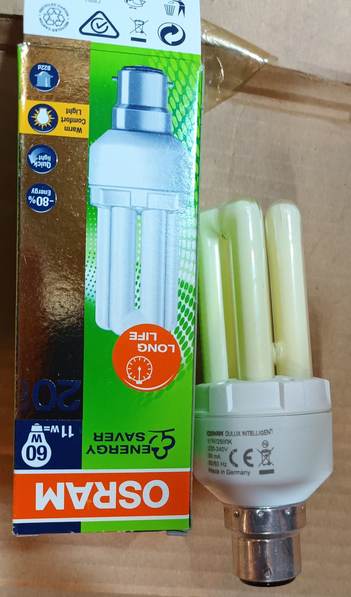 Osram Dulux 11Watt = 60w BC / B22 2500k / Warm Comfort Light 20,000hrs By Osram
