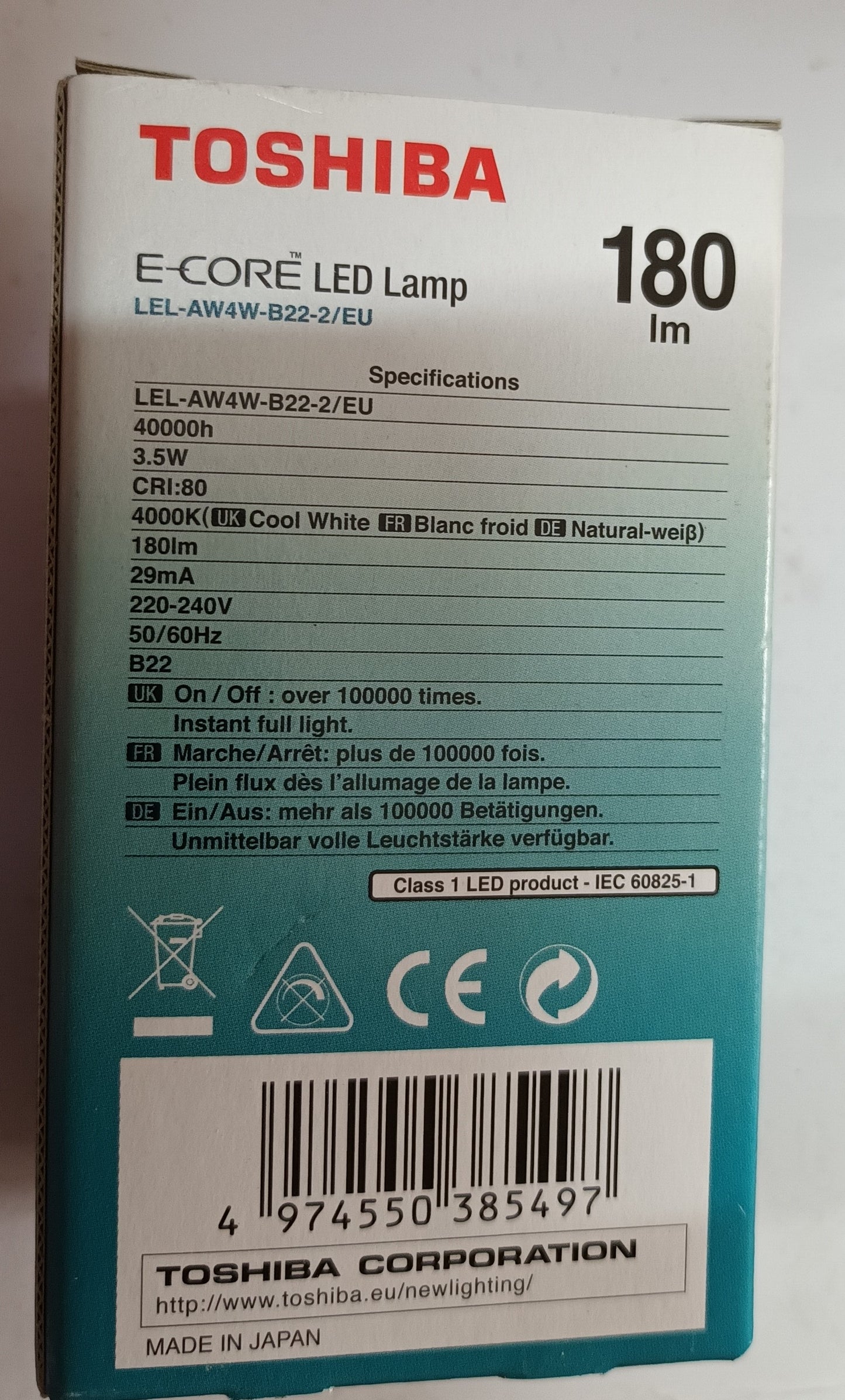 LED 3.5Watt Toshiba GLS BC / B22 4000K / Cool White Long Life 40,000H