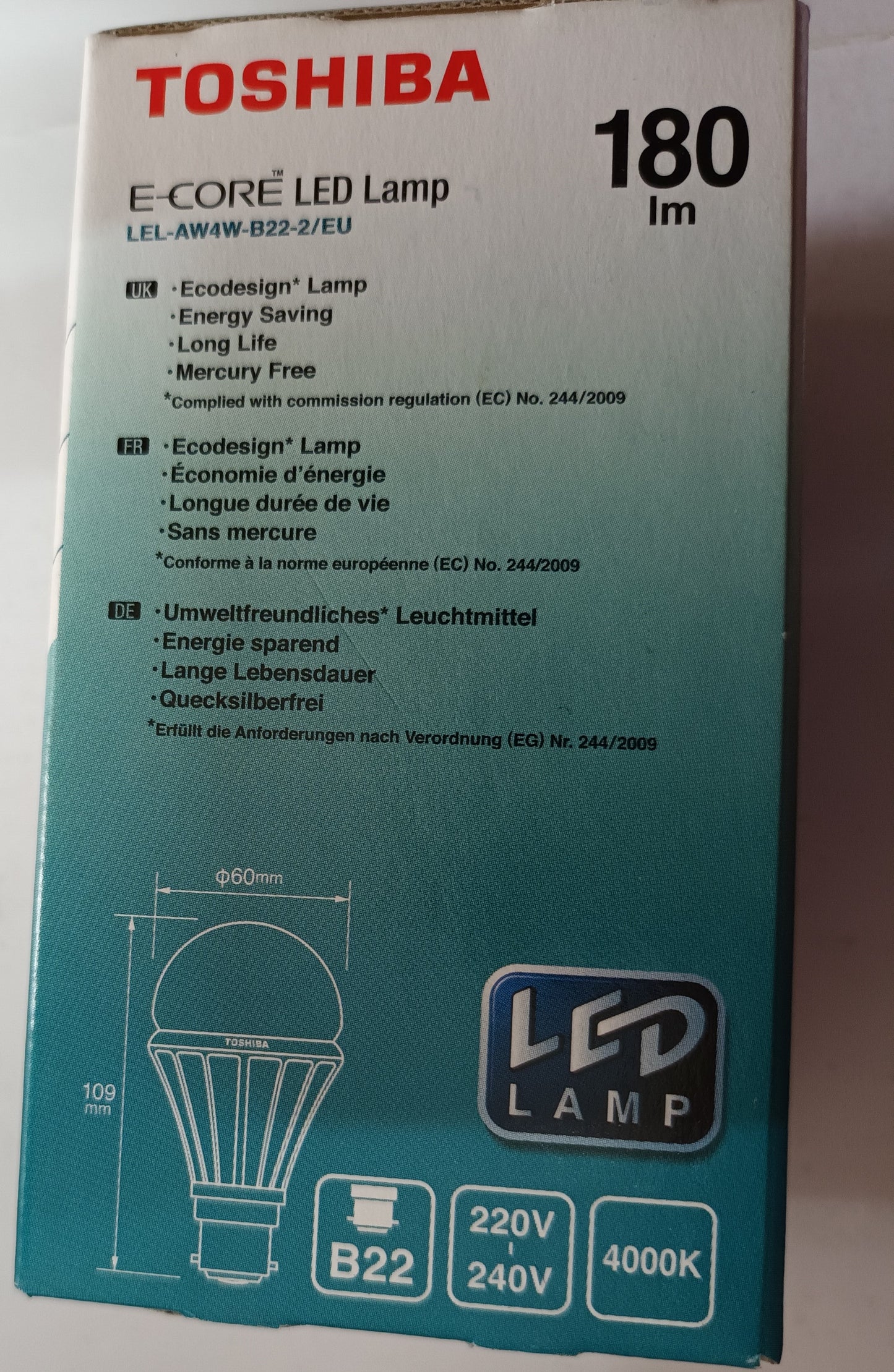 LED 3.5Watt Toshiba GLS BC / B22 4000K / Cool White Long Life 40,000H