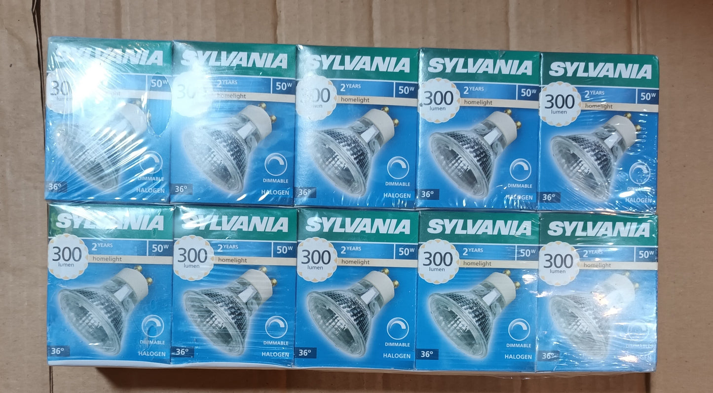 10 x Sylvania GU10 50watts hi spot es50 warm white 2,000h Dimmable