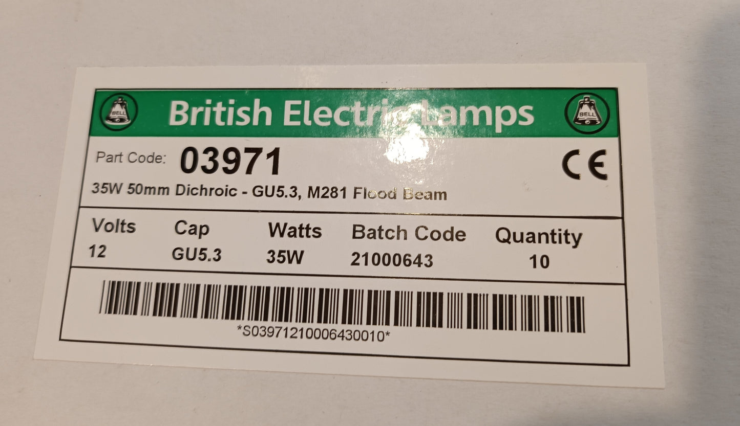 Bell MR16 35watt M281 halogen 12volt flood 38° 5000hrs gu5.3