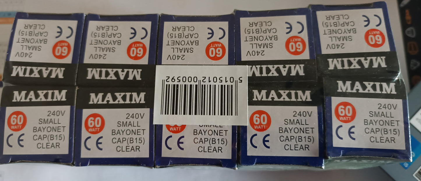 Candle 60watts clear sbc / small bayonet cap sold in pack of 10 @ £1 each