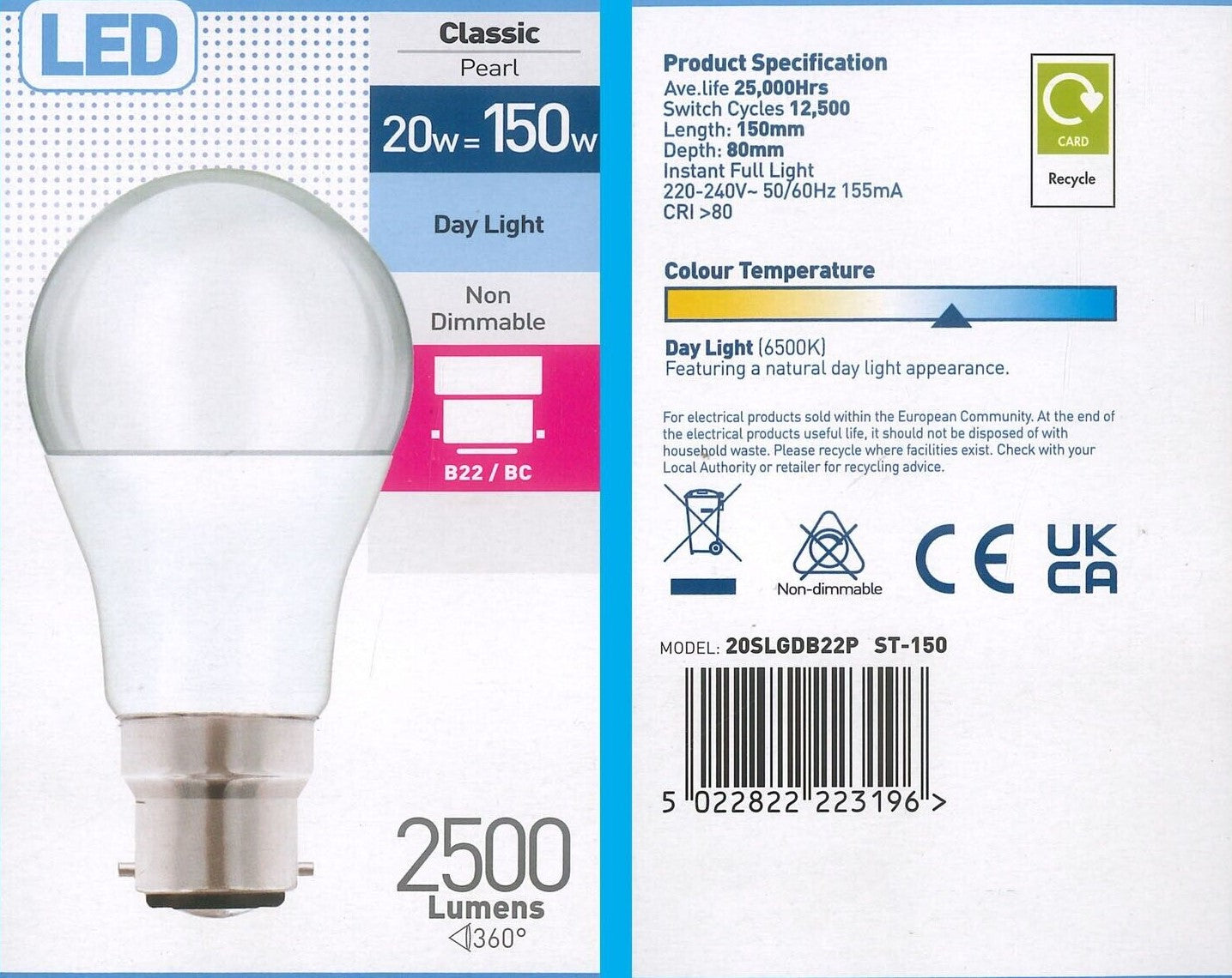 20W (=150W) LED Super Bright GLS Pearl Bayonet BC B22 Daylight 6500K by Status