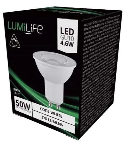 10 x LumiLife LED Gu10 345Lm 3.6Watt - 4.6Watt 4,000K (Cool White) Dimmable
