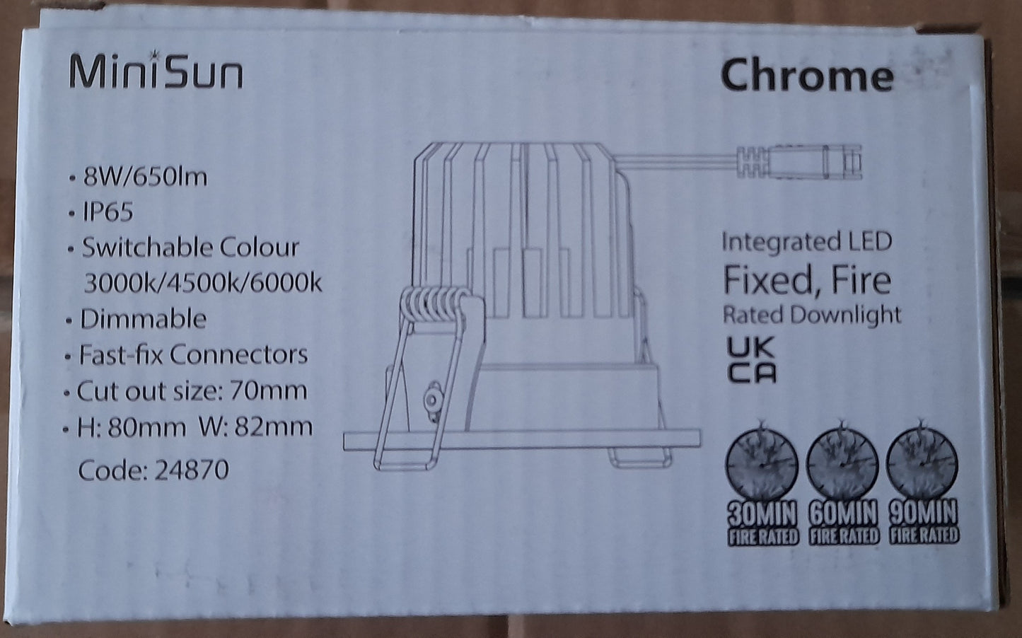 MiniSun Ip65 Dimmable 8W LED Fire Rated Downlight In Chrome, With Switchable Colour 70 mm Cut Out