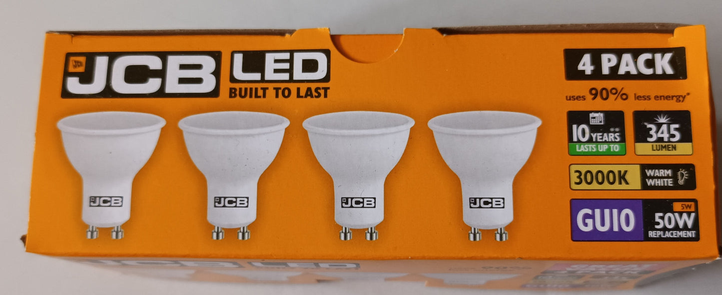JCB GU10 LED 5 Watts = 345LM =50W warm white / 3000k non-dimmable packs of 8/16/32