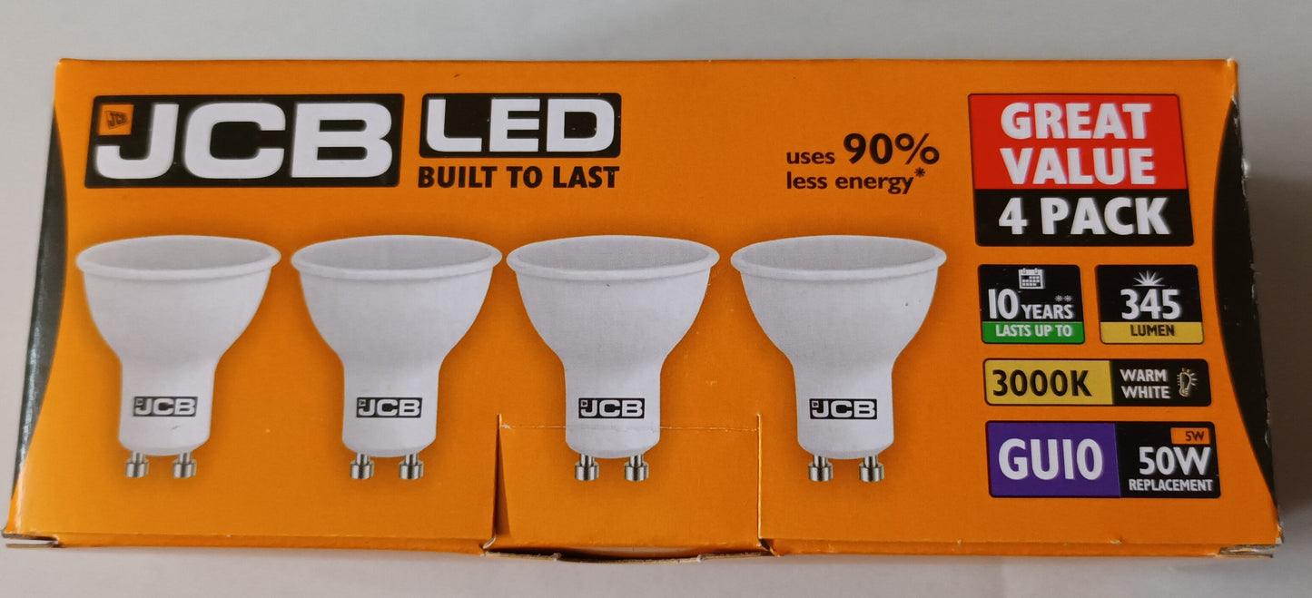 JCB GU10 LED 5 Watts = 345LM =50W warm white / 3000k non-dimmable packs of 8/16/32