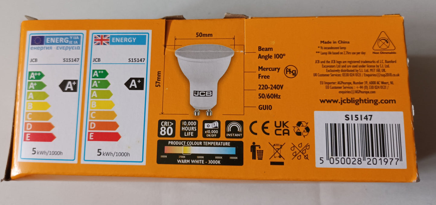 JCB GU10 LED 5 Watts = 345LM =50W warm white / 3000k non-dimmable packs of 8/16/32
