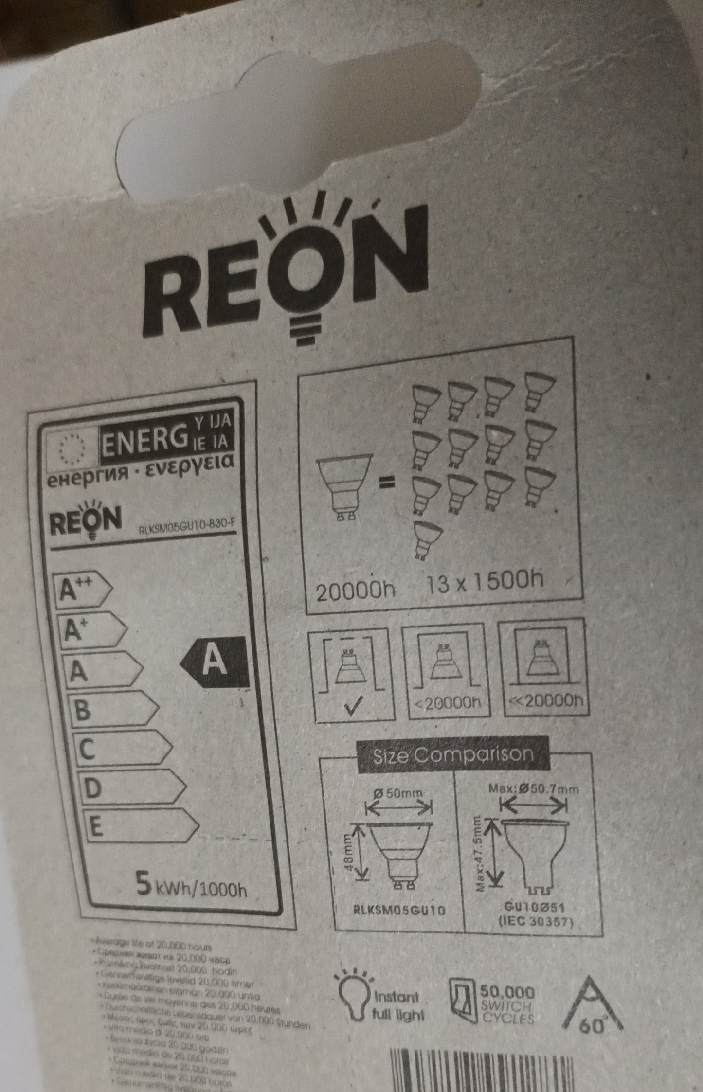 Gu10 LED 5Watt Daylight / 6500k. 60 degree By Reon from £1.85