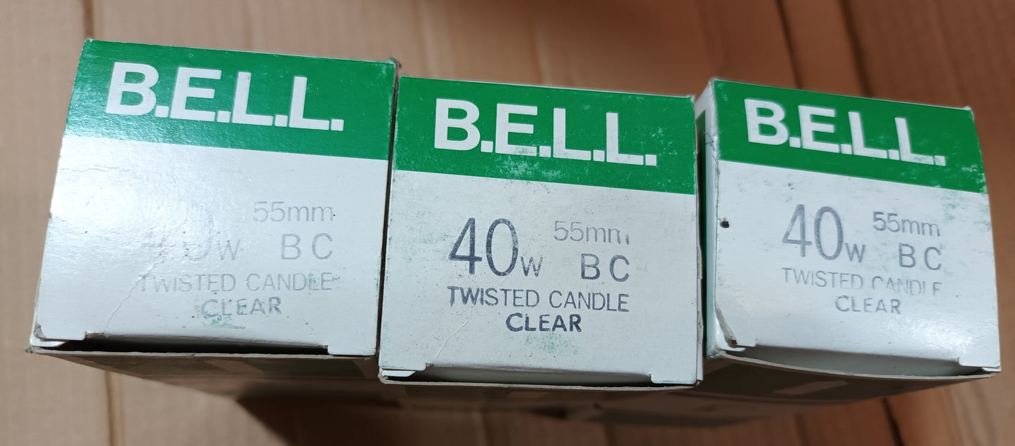 Bell 55mm candles BC /B22 40W clear twisted British made pack of 3