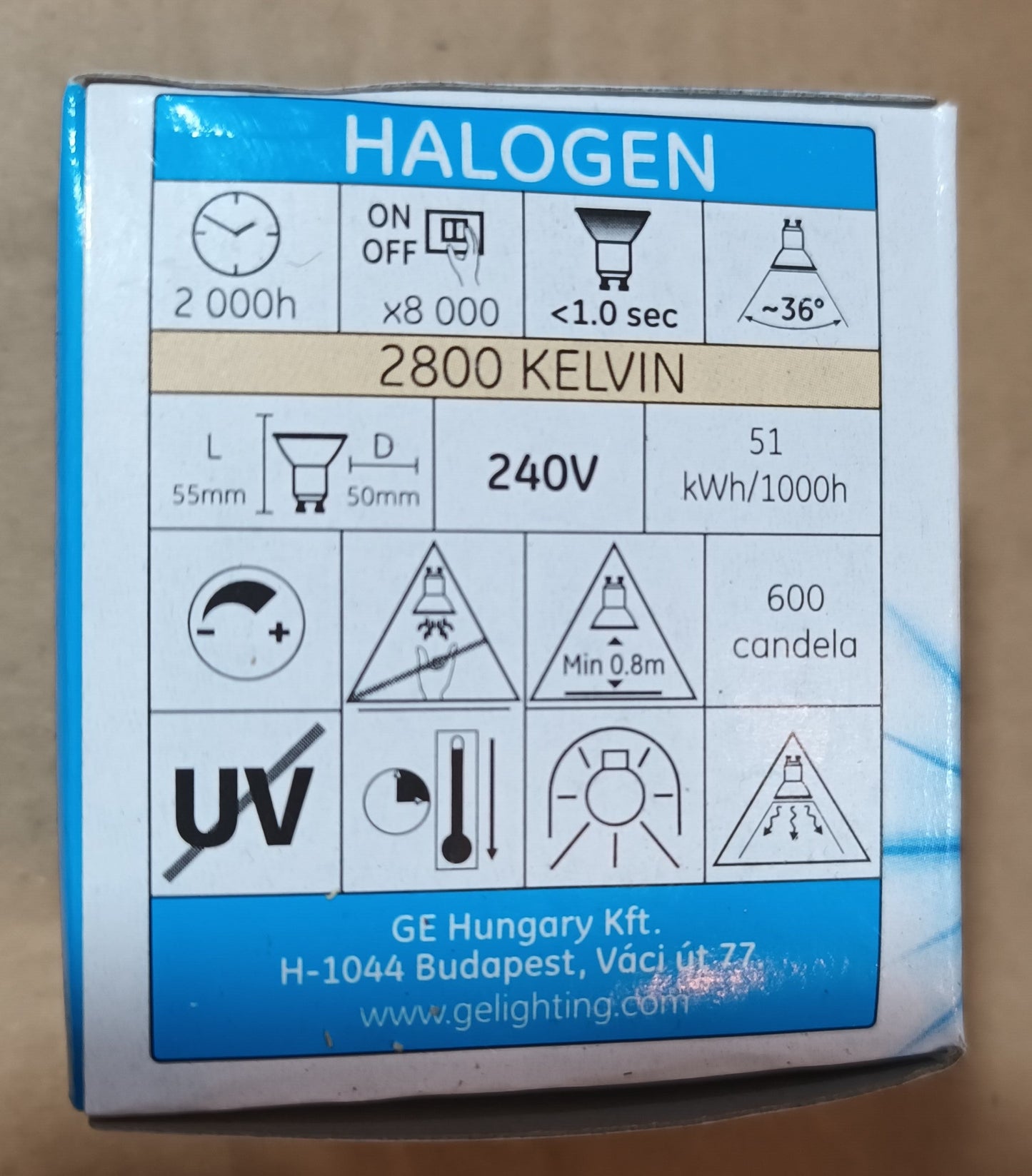 GU10 50Ws 2000hrs life Dimmable 28OOK / warm white 36</p>° by GE