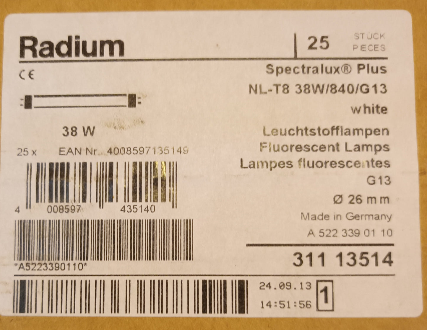 38 watts  fluorescent Triphosphor  tube 840 / cool white  Pack of Six