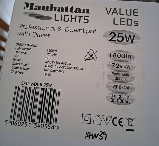 LED Downlight  8" 25 Watt warm white