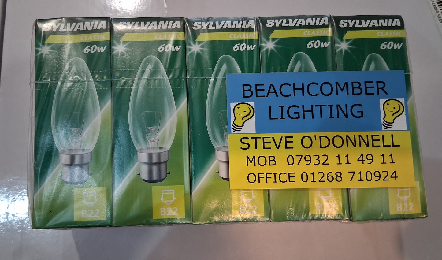 60 watt candle bc / b22 clear by Sylvania pack of ten.