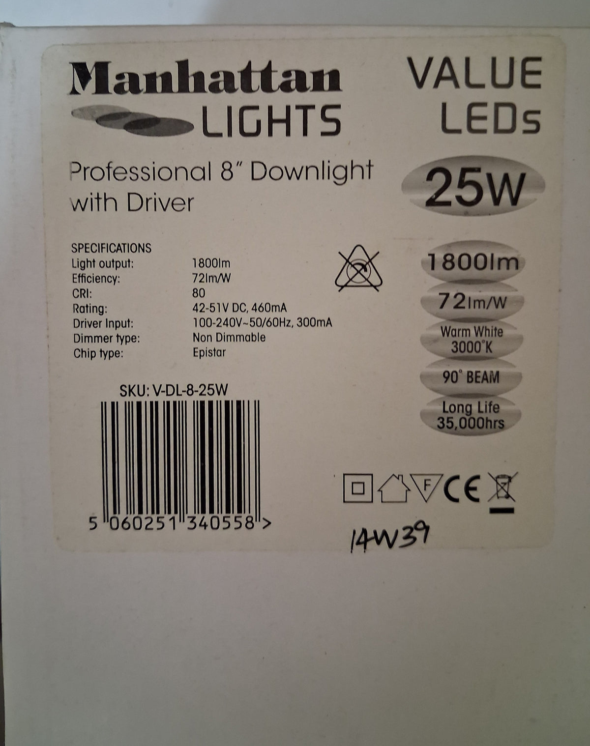 8" LED Recessed 25 watt downlight 1800lm warm white