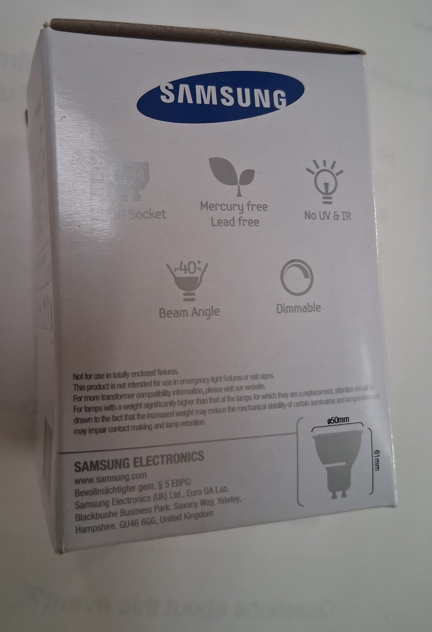 Gu10 by Samsung 6.7 watt dimmable warm white.