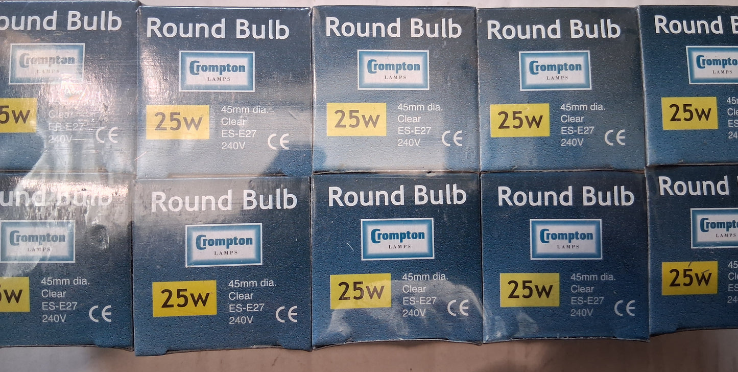 ten pack 45mm round golfball 25 watt clear ES / E27 by crompton