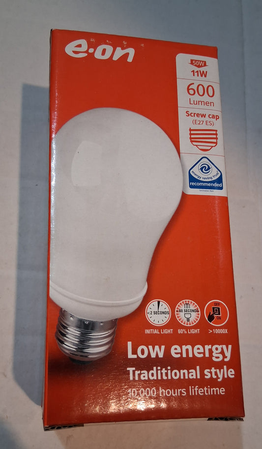 E-On E27 11 Watt = 600lm CFL Energy Saving Lightbulb  ES Screw Cap GLS warm white