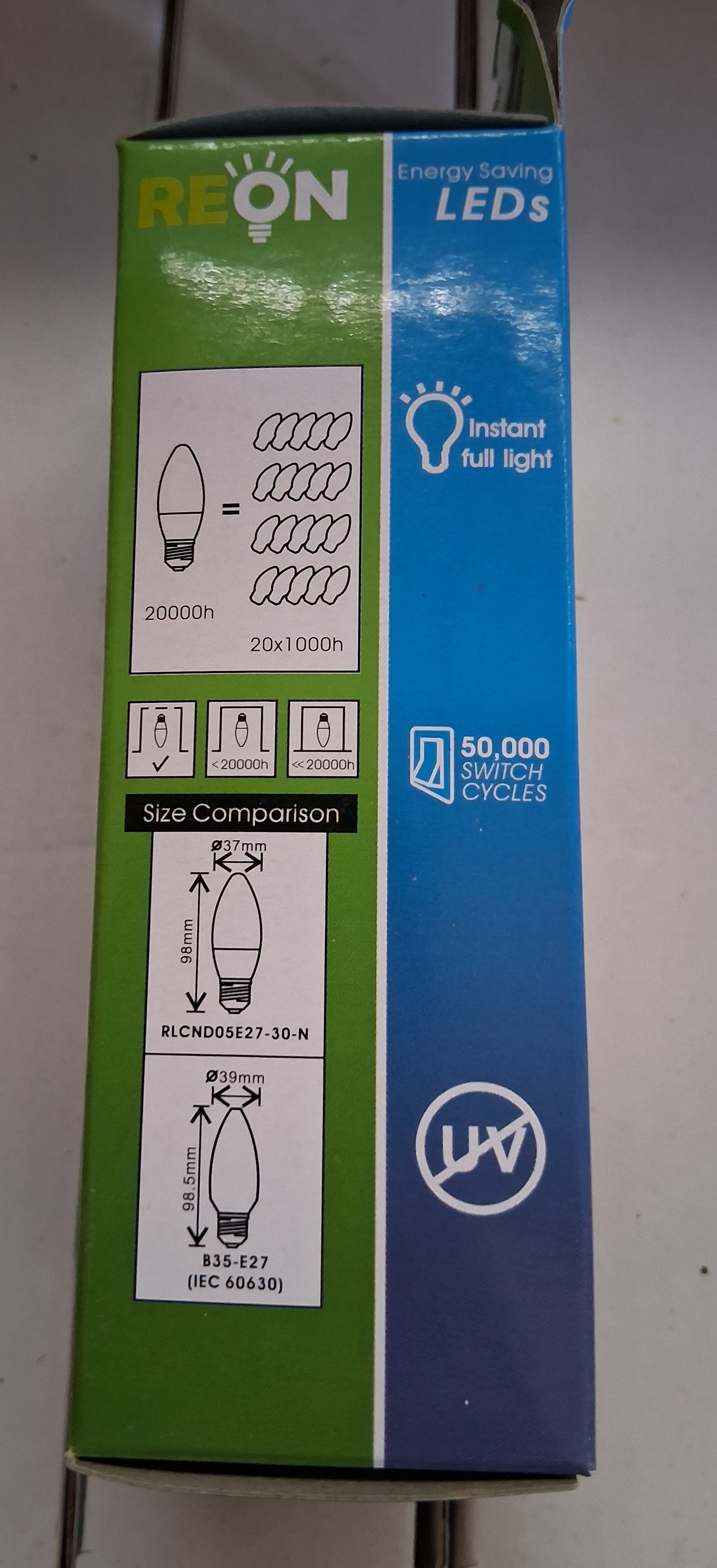 Reon 5 watt candle LED ES / E27 Opal warm white 20000 hrs life.