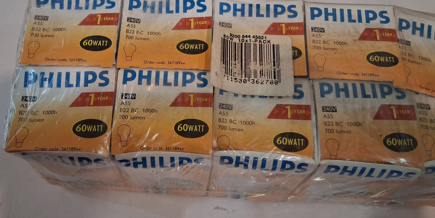60 Watt Standard Shape (GLS) Bayonet Cap Pearl by Philips ten pack.