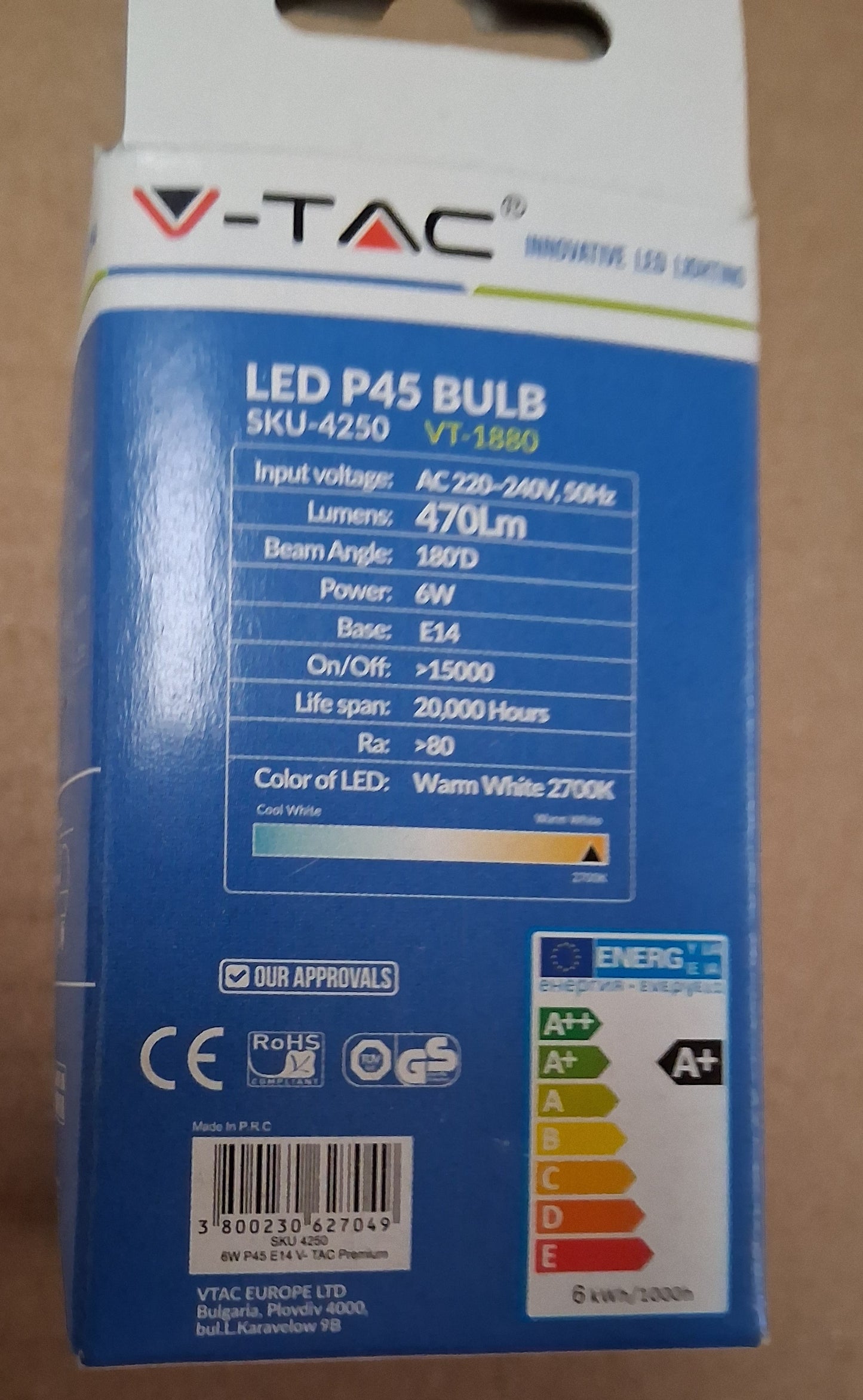 6 watt = 40 watt SES-E14 LED Golf ball  - 2700K warm white by v-tac