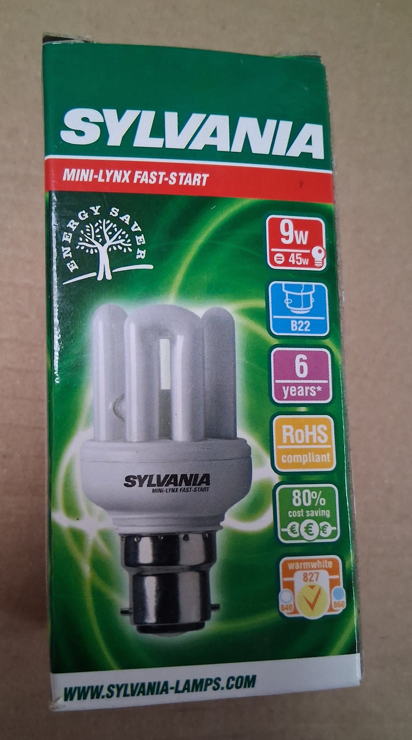 Sylvania 9 watt mini lynx fast start BC / B22 Warm white box of seven £21