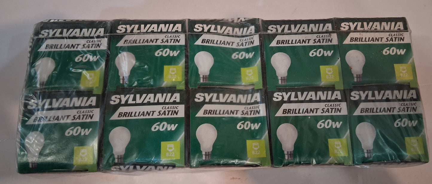 60 Watt Standard Shape (GLS) Bayonet Cap Pearl by Sylvania ten pack £18