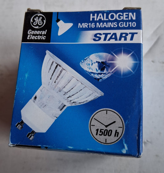 GE gu10 50 watts = 340lm 1500hrs warm white.   from £1.50.