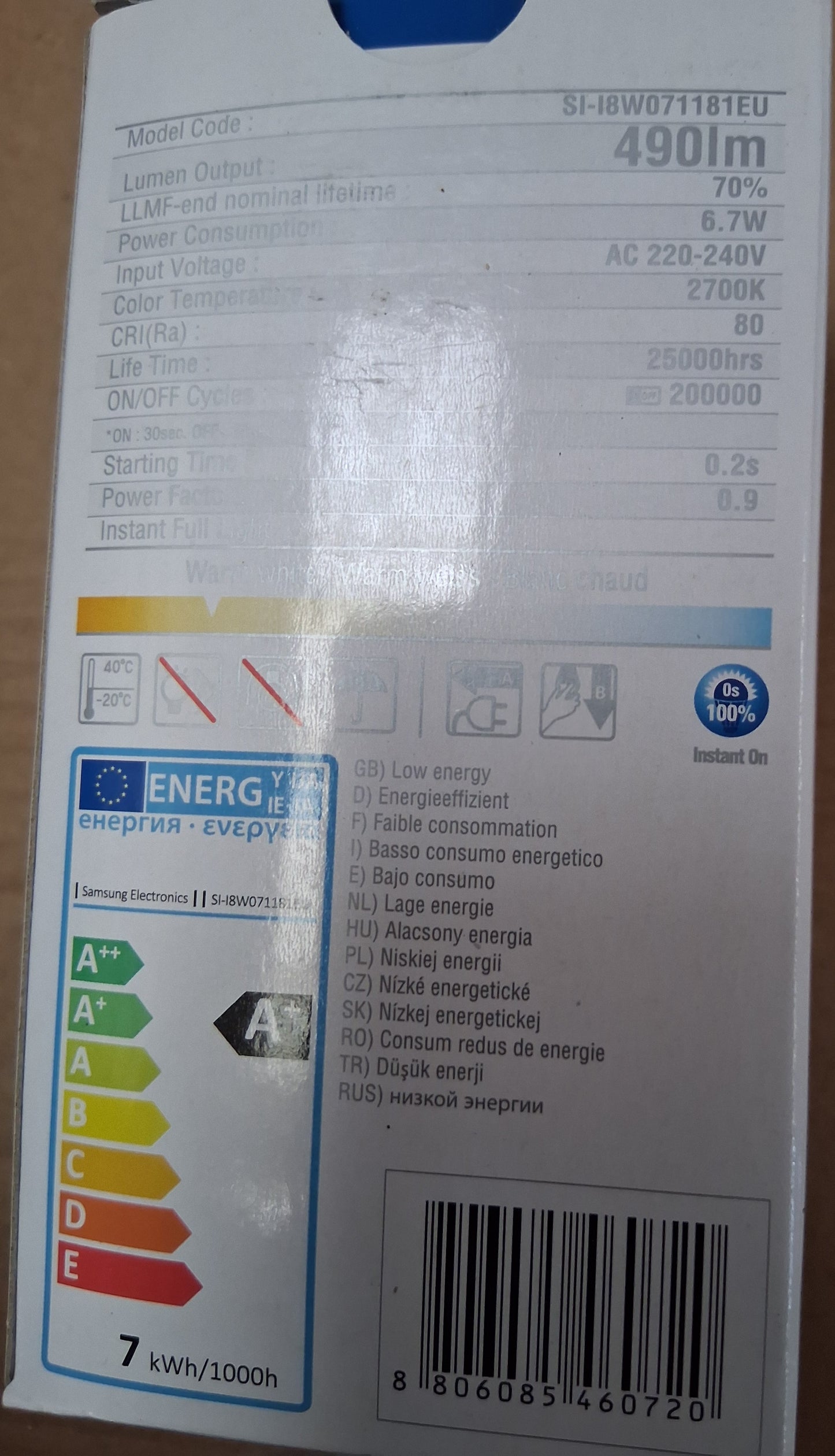 6.7 Watt GLS A60 LED DIMMABLE Light Bulbs, Samsung  ES / E27 warm white