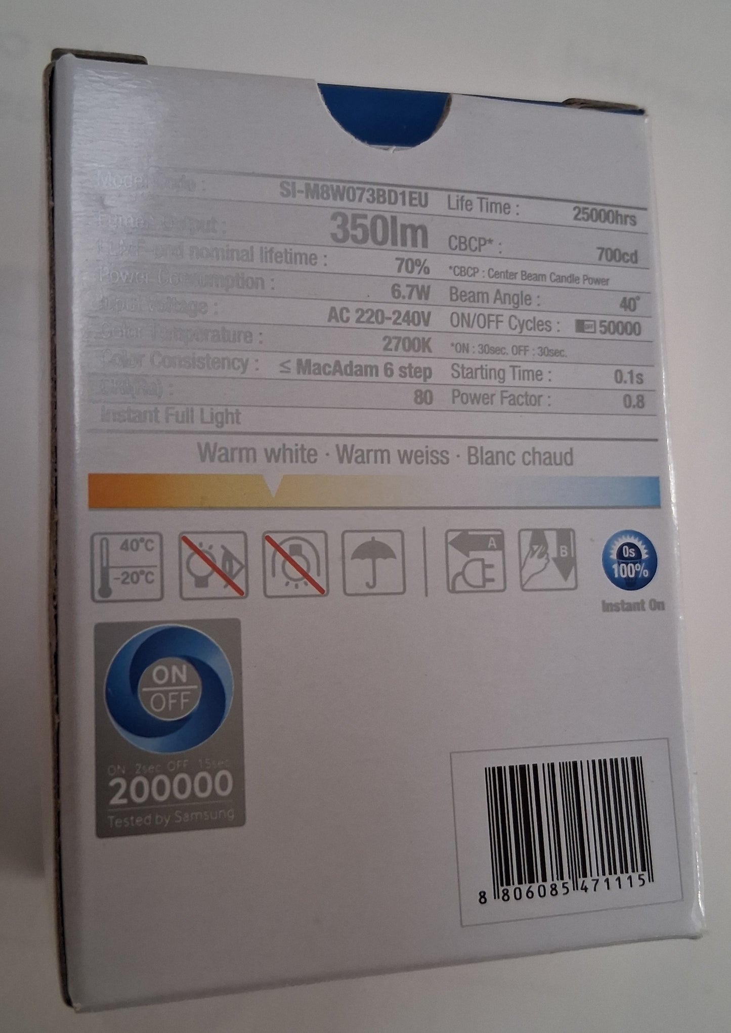 Gu10 by Samsung 6.7 watt dimmable warm white.