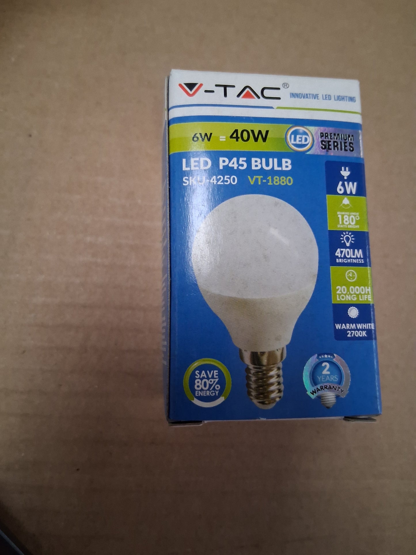 6 watt = 40 watt SES-E14 LED Golf ball  - 2700K warm white by v-tac