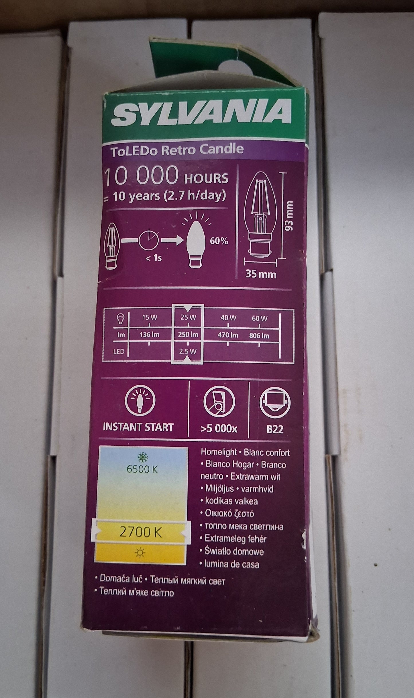 Sylvania candle 2.5 watts = 25W warm white BC / B22 Six Pack