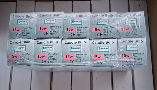 15 Watt candle BC / B22 Clear by Crompton pack of ten £22