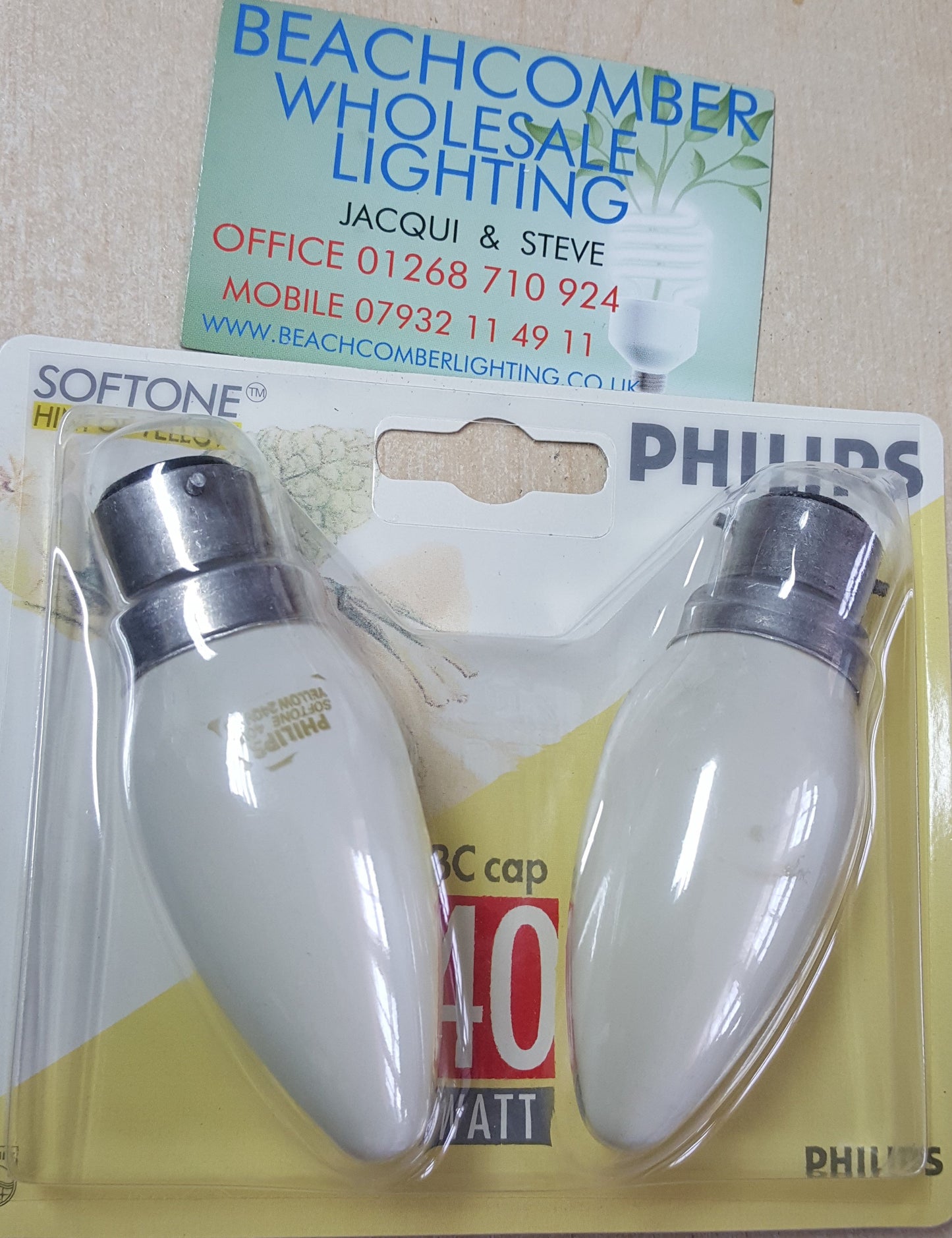 Phillips Candle 40W BC/B22 Softone Hint of Yellow Twin Pack - Beachcomber Lighting