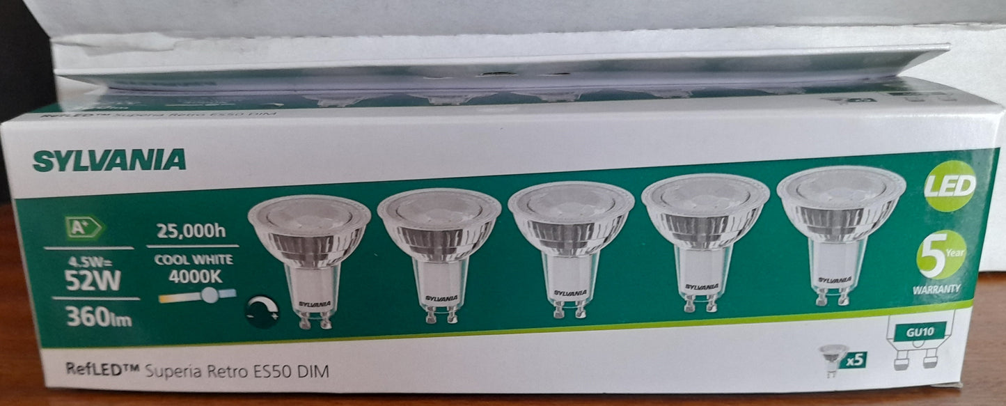 Sylvania Gu10 LED 4.5W Dimmable Cool White 5 Pack