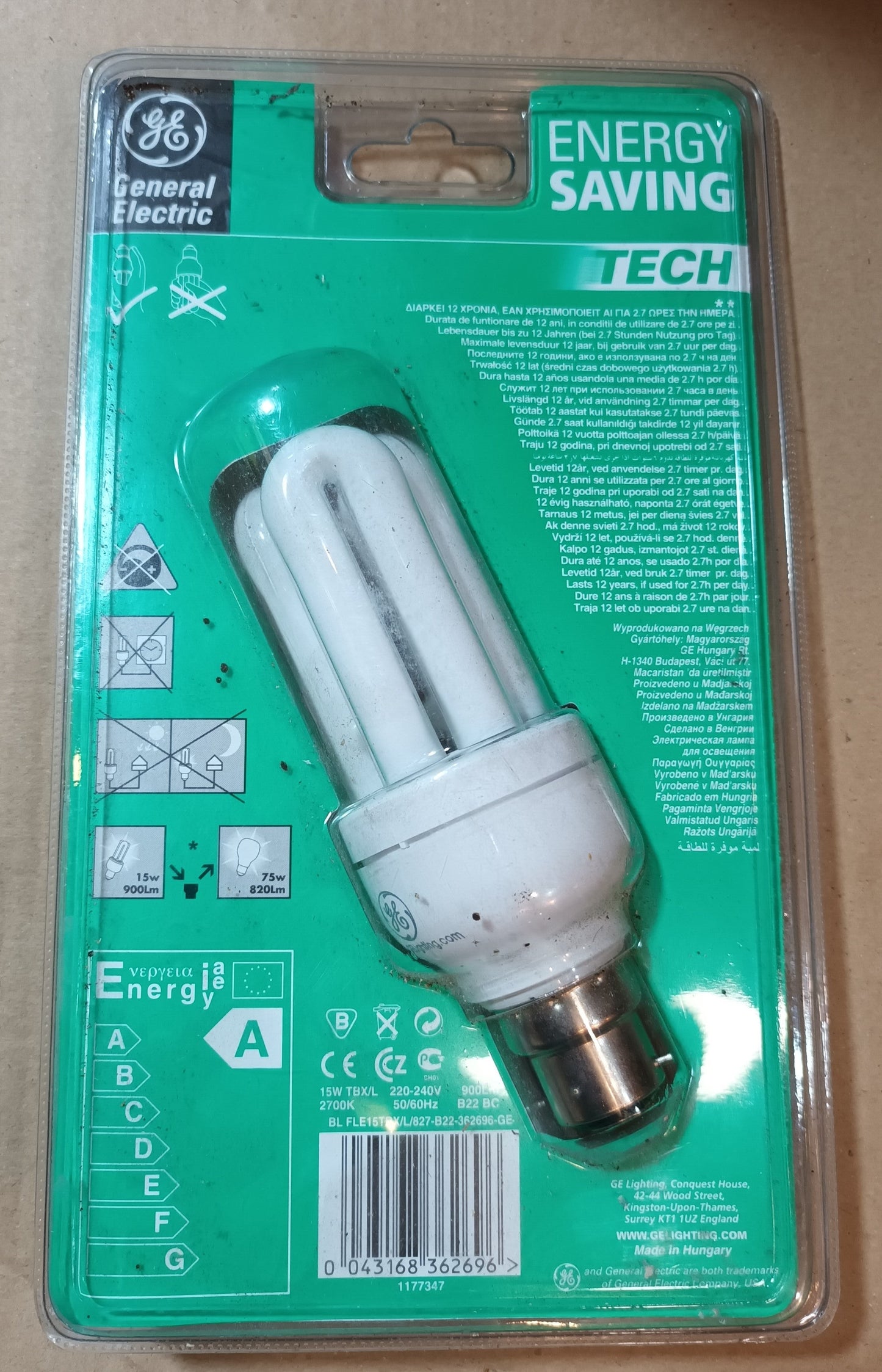 15W Energy Saving = 75W BC / B22 Bayonet Cap CFL Bulbs by GE