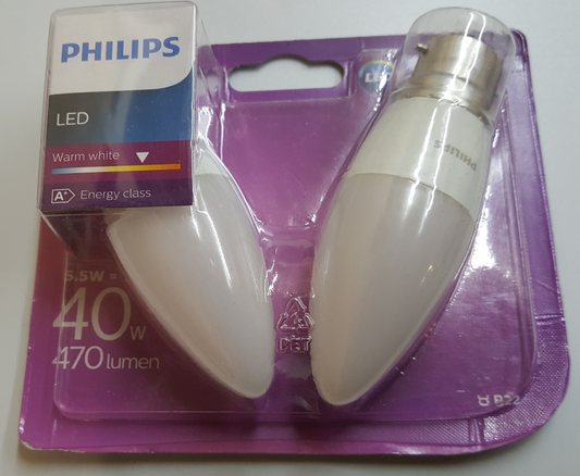Phillips LED Candle 5.5W Warm White Twin Pack BC/B22 - Beachcomber Lighting